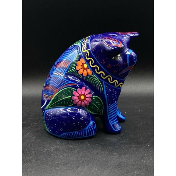 Talavera Mexican Pottery Sad Pig Piggy Bank Bright Blue Birds Folk Art Large 6” - Picture 2 of 9